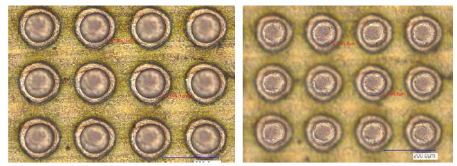 비아 홀 드릴 2D Microscope Images (좌 : Top 직경 105 ㎛, 우 : Bottom 직경 95 ㎛ -> 상, 하부 Taper 약 90 %)