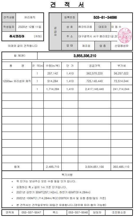 쥬시코리아 오더 견적서(1200TEX)