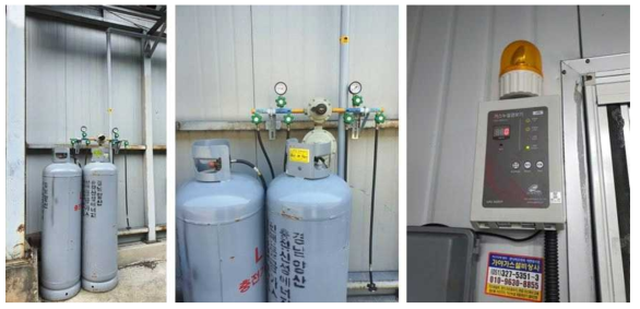 [개조 후] LPG Gas 공급 Line (왼, 중앙), 실험실 내부 설치 가스누출경보기 (오)
