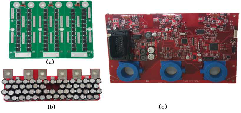 인버터 시작품 PCB (a) 파워부, (b) 커패시터부, (c) 제어부