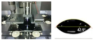 Si wafer의 접촉각 측정 (좌) 및 Bare Si wafer의 초기 Contact angle 값 (우)