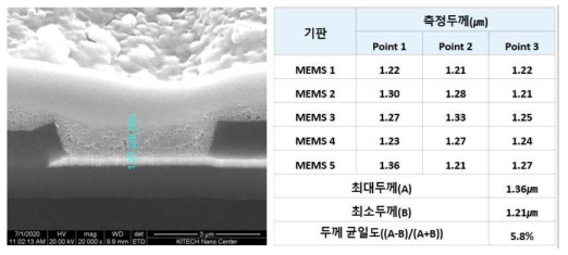 외부 시험의뢰 기관(한국생산기술연구원)에서 평가한 감지소재층의 두께 균일도