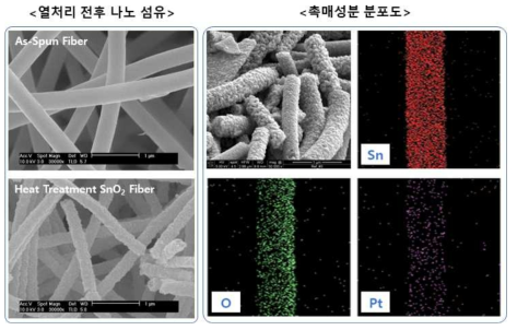 단백질 희생층(Apoferritin)을 이용한 합성된 나노섬유 열처리 전후 형상 비교 및 촉매(Pt) 입자와 결착된 주석 산화물 나노 섬유 성분 분포도