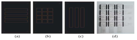 두께 80 ㎛급 PVDF 나노섬유 표면에 프린팅한 사진, (a) 1st layer Silver printing, (b) 2nd layer Carbon printing, (c) 3rd layer Silver printing, (d) 3 layer로 프린팅된 나노섬유 표면 사진