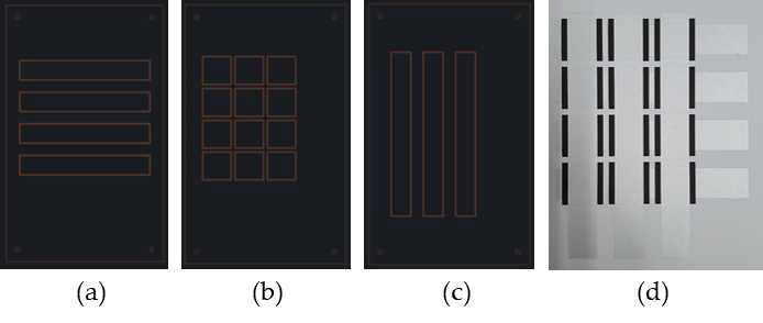두께 30 ㎛급 PVDF 나노섬유 표면에 프린팅한 사진, (a) 1st layer Silver printing, (b) 2nd layer Carbon printing, (c) 3rd layer Silver printing, (d) 3 layer로 프린팅된 나노섬유 표면 사진