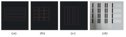 두께 40 ㎛급 PVDF/TPU 나노섬유 표면에 프린팅한 사진, (a) 1st layer Silver printing, (b) 2nd layer Carbon printing, (c) 3rd layer Silver printing, (d) 3 layer로 프린팅된 나노섬유 표면 사진