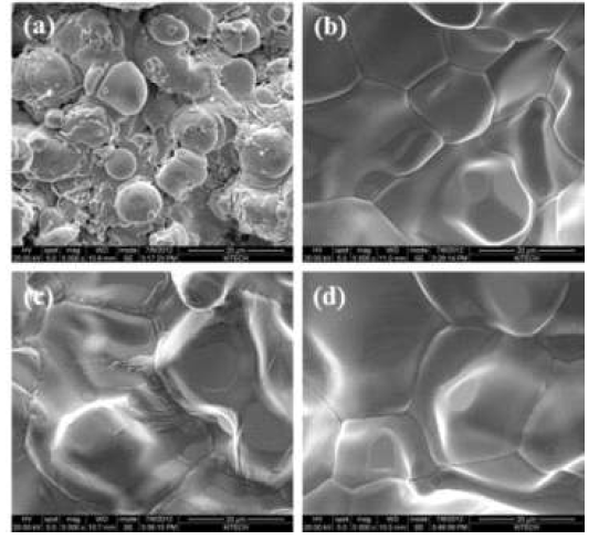 SEM images of VPS-W coating surface with heat-treatment ; (a) as-coated (b) 65hr (c) 85hr (d) 110hr