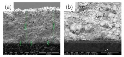 SEM images of VPS-W coating layers on graphite with different intermediate layers; (a) W/SiC/Gr. (b) W/Ti/Gr