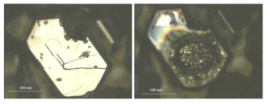 Optical images of SiC single particle (left)prior to and (right)after laser ablation. You can see the penetration hole after laser ablation