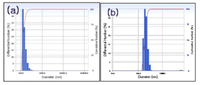 메탄으로부터 합성된 카본분말의 PSA 분석 (a) 저출력, (b) 고출력