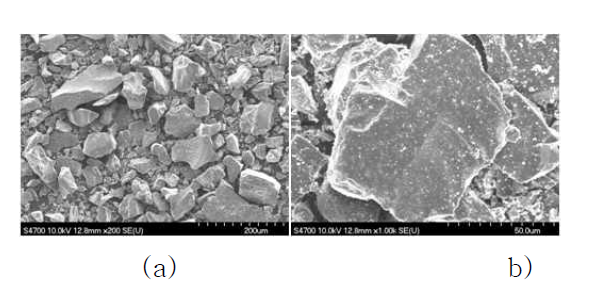 Sample A의 SEM 사진 (a) ×200, (b) ×1,000