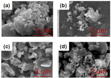 Attrition milling 샘플의 하소 온도별 SEM 이미지 결과 (a) 순수분말: 850℃-10시간 (b) 카본 코팅된 분말: 850℃-10시간 (c) 순수분말: 900℃-10시간 (d) 카본 코팅된 분말: 900℃-10시간