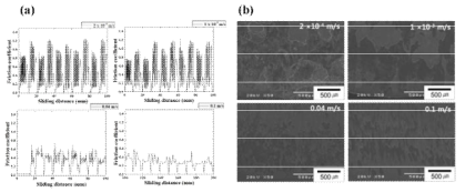 (a) 250℃에서 STD-61 공구강을 상대로 왕복동 마찰 시험된 AZ31B Mg 합금 판재의 미끄럼 거리에 따른 마찰계수의 변화. 미끄럼 속도가 증가할 수록 마찰계수의 요동(fluctuation, stick-slip)하는 폭이 감소함을 보인다. (b) 250℃에서 미끄럼 속도의 증가에 따라 금형 표면위에 Mg의 천이가 감소하는 모습을 SEM으로 관찰한 사진.