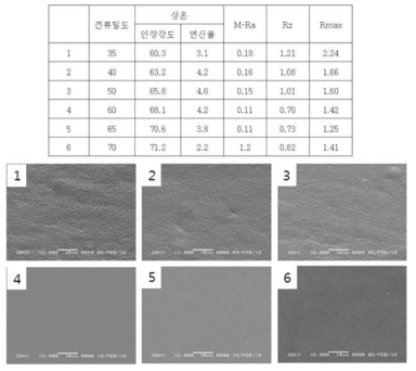 전류밀도별 물성 Test Table