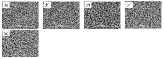 온도변화에 따른 표면 morphology 비교 : (a) 온도 29℃에서 노듈처리 후, (b) 온도 32℃에서노듈처리 후, (c) 온도 35℃에서 노듈처리 후, (d) 온도 37℃에서 노듈처리 후, (e) 온도 40℃에서 노듈처리 후