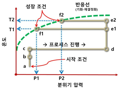 성장 공정 또는 조건 확립에 사용되는 온도-압력 관계 프로세스 a -> b -> c ->... -> f : 프로세스 진행 과정 및 순서