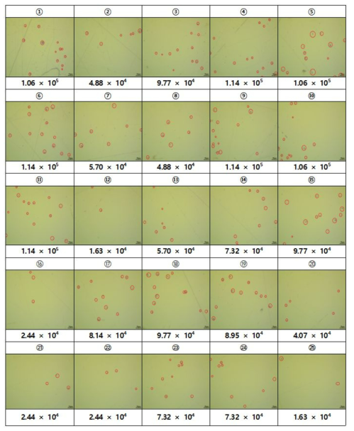 EPD 측정법으로 기 제안된 표준 6-fold법에 적용하여 25점을 측정 후 평가한 defect density (결과 7.26x104/cm2)