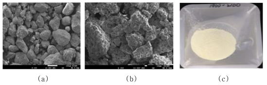 0.1atm, 1900℃~2100℃에서 승화 재결정 후 SEM 사진 (a) x 100 (b) x 1,000 및 (c) 시료 사진