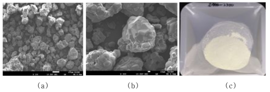 0.5atm 2000~2300℃에서 승화 재결정 후 SEM 사진 (a) x100 (b) x1,000 및 (c) 시료 사진