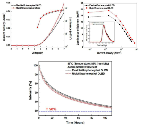 그래핀 전극을 적용한 OLED 소자의 전류-전압-휘도 특성 및 효율, 수명 특성
