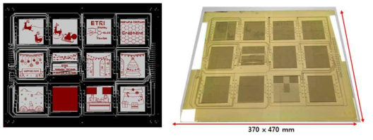 플렉서블 그래핀 OLED용 집적 기판 설계 도면 및 실제 제작한 기판 이미지