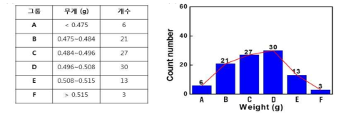 촉매 담지 무게 범위별 그룹과 개수