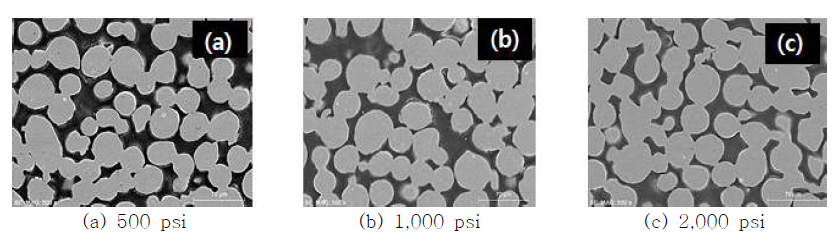 성형압에 따른 다공성 금속 소재의 단면 SEM 관찰 결과