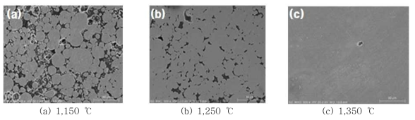 소결온도에 따른 Ni 합금계 다공체 단면 미세조직