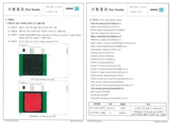 micro-CT 분석을 통한 다공성 금속 소재 표면적, 기공률 성적서