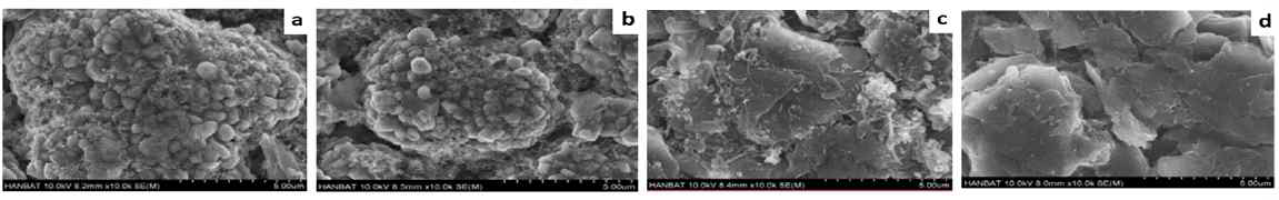 SEM images for (a) LiCoO2 and (c) graphite in 1 M LiPF6 EC/DMC, (b) LiCoO2 and (d) graphite after 100 cycles in 1 M LiPF6 EC/DMC with benzotriazole after 100 cycles