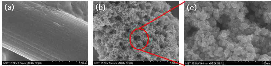 (a)IPL에 노출시키기 전의 carbon paper, (b) IPL로 합성된 리튬코발트 산화물 전극의 SEM이미지