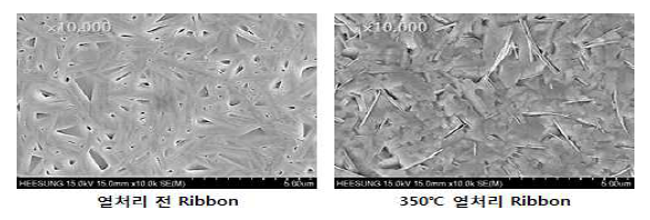 n형 열전소재 Ribbon의 열처리에 따른 SEM 미세조직 분석 결과