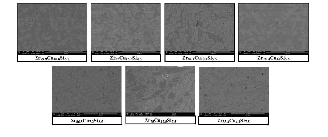 제작한 Zr-Cu-Si 계 합금의 조직 분석 결과