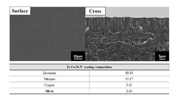 Zr-Cu-Si-N 코팅의 표면, 단면, 조성 분석 결과(SEM, EDS)