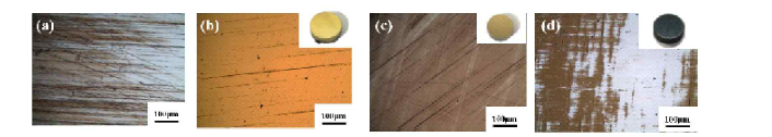 왕복동 시험 후 샘플의 표면 사진 (a) 질화 된 SCM415, (b) ZrN, (c) ZrCuN, (d) ZrCuSiN (한국생산기술연구원+MoDTC 윤활조건)