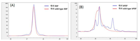 HPLC 분석결과 (A)EGF, (B)bFGF