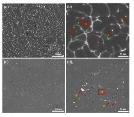 SEM micrographs of the (a,b) as-cast and (c,d) homogenized Al alloys at low and high magnifications