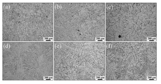 Optical micrographs of the as-cast EMS ((a) through (c)) and DC alloys at the three positions ((a), (d) center; (b), (e) middle; and (c), (f) edge) on the cross section of the ingots