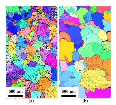 EBSD images of the (a) as-cast and (b) homogenized EMS alloys acquired at the middle place between center and edge of the ingot