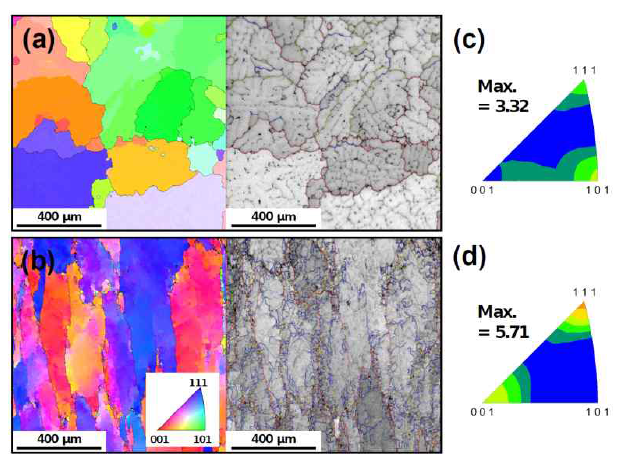 The inverse pole figure maps and image quality maps overlaid with grain boundaries of the (a) as-cast and (b) extruded alloys. The inverse pole figures of the (c) as-cast and (d) extruded alloys