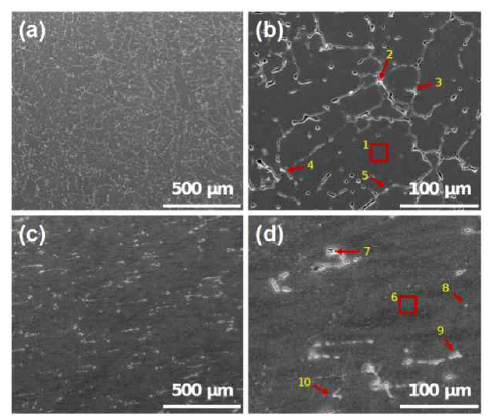 The SEM micrographs of the (a, b) as-cast and (c, d) extruded alloys at two different magnifications