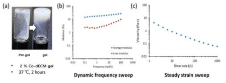 Co-dECM를 37 ℃에서 20 분간 보관한 후 젤화 된 모습(a)과 재료의 강성(b) 및 점성(c)