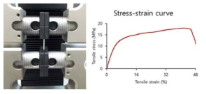 실크 필름의 인장 강도 테스트 모습(좌), 응력-변형률 곡선(우)