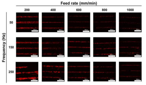 소프트웨어 설정 값(Frequency, Feed rate)에 따른 분사 성능 확인 실험 결과