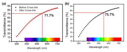 인공각막용 콜라겐시트 투명도 측정. (a) UV-리보플라빈 가교 전후의 압축 콜라겐 투명도(~150 μm 수준). (b) ~80 μm 수준의 압축 콜라겐 시트 투명도