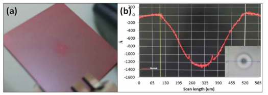 (a) Etch test 후 비정질 실리콘 sample 사진 (a-Si/Si3N4/Si substrate), (b) 전사된 gas inlet 패턴의 center hole 부분의 alpha-step scan image