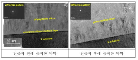 반응실 전증착 전후 증착한 박막 TEM 분석 결과