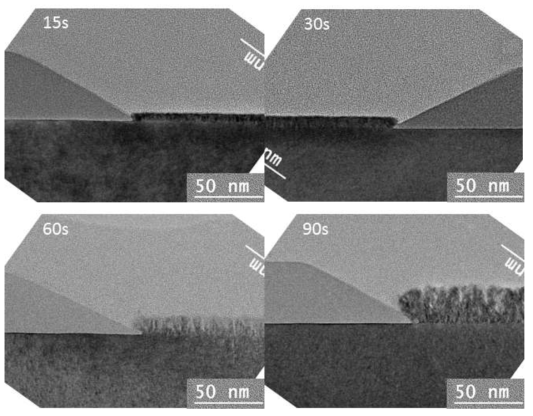 증착시간에 따른 Si 박막 성장 변화 TEM 사진