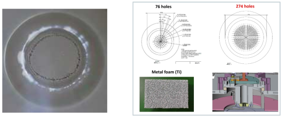 메탈폼 샤워헤드를 이용하여 증착된 Si 박막의 스냅샷. 오른편은 균일도 연구에 사용된 사워헤드의 도면 및 메탈폼의 스냅샷