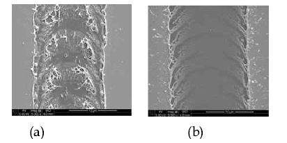 Mn-SnO2(40 nm)/Ag(8 nm)/Mn-SnO2(40 nm) 다층 투명전도막의 레이저 에칭 조건 변경에 따른 잔류물질 개선 : (a) 잔류물질 개선 전 (b) 잔류물질 개선 후